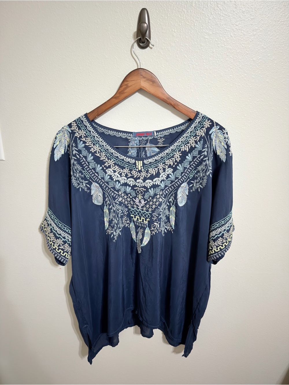 Johnny Was Embroidered Georgette Poncho Tunic Blouse in Deep Dawn Blue